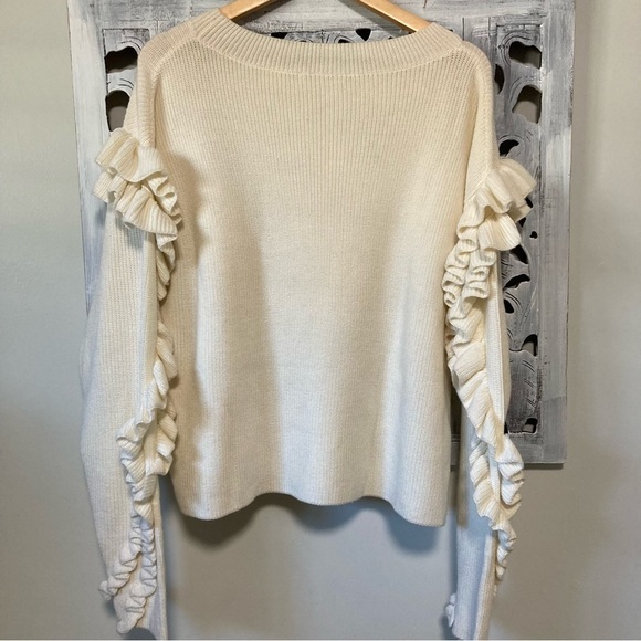 Frame Ruffle Yoke Ribbed Wool Blend Cream Knit Pullover Sweater - Picture 8 of 14